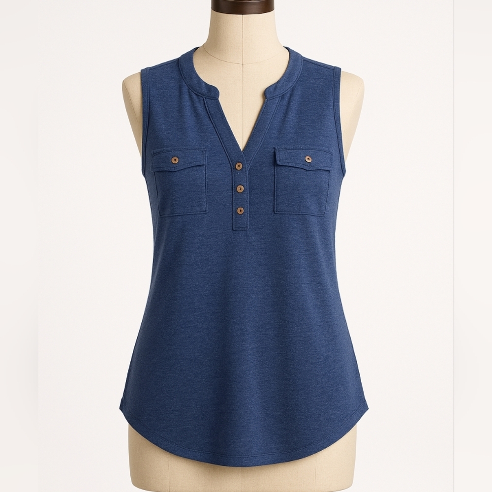 Ember Sleeveless Button Down Jersey V-Neck Tank Blue Size Medium